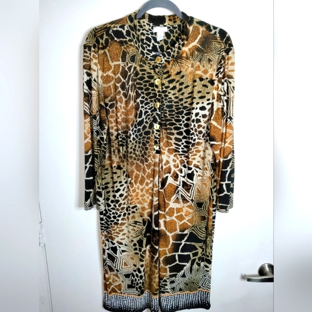 Chico's (Size 2/L/12) Multicolored Animal Print Button Neck LS Midi Shift Dress